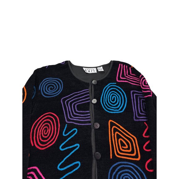 Keren Hart Womens Black Jacket Colorful Abstract Swirl Pattern M Art to Wear - Picture 2 of 5